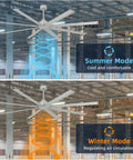 96 Inch Large Industrial Ceiling Fan With DC Motor And Remote Control for warehouse showing summer and winter modes