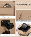 Khaki Road Trip Ready Travel Rolling Duffel Bag With Removable Wheels Expandable Foldable Carry On Luggage, water-resistant fabric and zippers