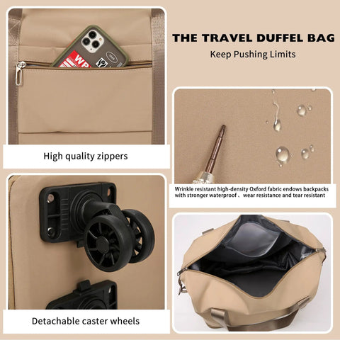 Khaki Road Trip Ready Travel Rolling Duffel Bag With Removable Wheels Expandable Foldable Carry On Luggage, water-resistant fabric and zippers