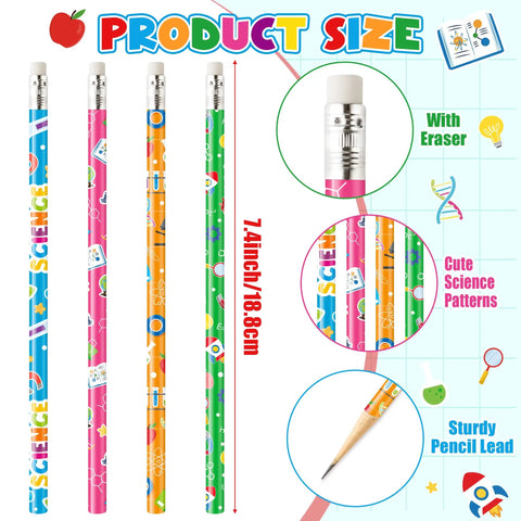 60 Pcs Science Themed Pencils With Erasers Set For Classrooms And Labs, colorful science patterns, 7.4 inch length
