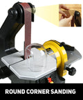 Beast Belt And Disc Sander For Woodworking 1x30 Belt And 5 Disc Upgraded Pro Model with hands showing round corner sanding