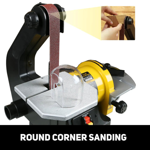 Beast Belt And Disc Sander For Woodworking 1x30 Belt And 5 Disc Upgraded Pro Model with hands showing round corner sanding