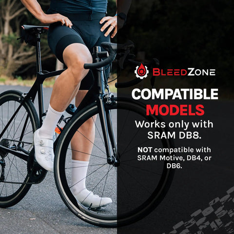 Cyclist with road bike, text overlay highlights SRAM DB8 Brake Bleed Kit compatibility, not for SRAM Motive, DB4, or DB6.