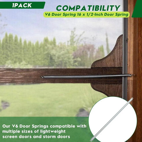 V6 Door Spring For Screen Door Sixteen Inches Long Half Inch Wire Diameter Galvanized Steel Closure Spring installed on a screen door