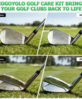 Before and after golf club head cleaning on grass, using Dope All In One Golf Club Cleaning Kit With Pro Grade Cleaner Polish Brush And Grip Cleaner 7 Piece Set In Handy Hard Case Gift Box Great For On The Range Or At Home And Keeps Grips Fresh And Clubs Shiny.