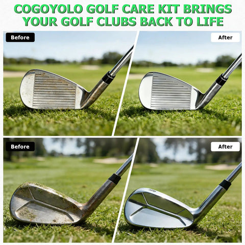 Before and after golf club head cleaning on grass, using Dope All In One Golf Club Cleaning Kit With Pro Grade Cleaner Polish Brush And Grip Cleaner 7 Piece Set In Handy Hard Case Gift Box Great For On The Range Or At Home And Keeps Grips Fresh And Clubs Shiny.