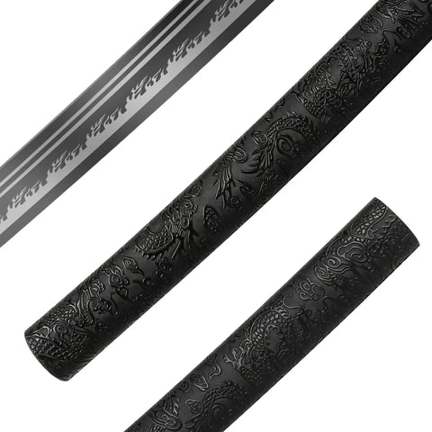 Hand Forged Steel Samurai Sword With Clay Tempered Blade Unsharpened Practice Katana close-up of blade and ornate black scabbard