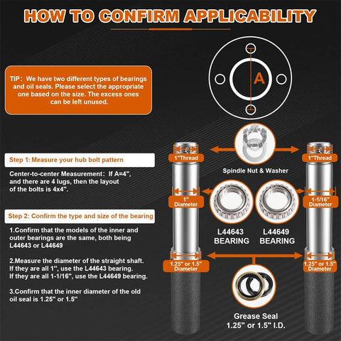 Diagram showing how to confirm applicability for Heavy Duty 4 Lug Trailer Hub Kit For 2000 Lbs Boat Rigs With 4x4 Inch Bolt Pattern.