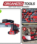6 Pack Tool Holder For M18 M18V Cordless Tools Snap Fit Tool Organizer mounted in garage with tools.
