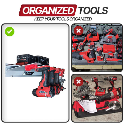 6 Pack Tool Holder For M18 M18V Cordless Tools Snap Fit Tool Organizer mounted in garage with tools.
