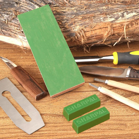 Dope Green Polishing Compound For Sharpening And Buffing Ultrafine Aluminum Oxide And Chromium Oxide Blend 1 To 2 Micron Particles Delivers 10000 To 14000 Grit Edge 2 Pack next to knives and chisels on wooden table