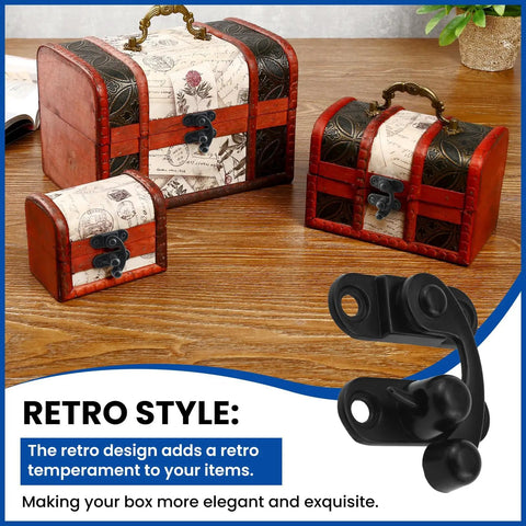 Antique Black Small Hasp Latch Set For Jewelry Box Cabinet And Toolbox, Swing Arm Hook Lock in use on decorative chests