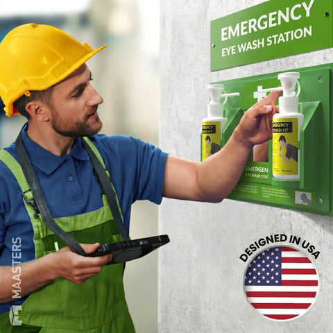 Worker using Portable Eye Wash Station Kit For Quick Emergency Eye Rinses, Wall Mounted First Aid System with mirror and 2x 16oz bottles