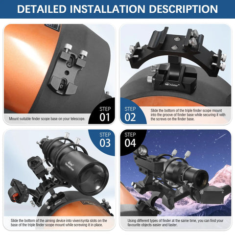 Detailed installation guide for Triple Finder Scope Mounting Bracket For Telescopes, 3 Mount Positions, Vixen Synta Base Plates.
