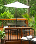 Outdoor deck with dining set, umbrella, and wooden railing featuring Aluminum Solid Deck Balusters 32.25 In Long, 1 In Wide, 0.2 In Thick Grooved Matte Black, 48 Pack For Staircase Railing, Maintenance Free, Lightweight And Rustproof Outdoor Balcony Upgrade.