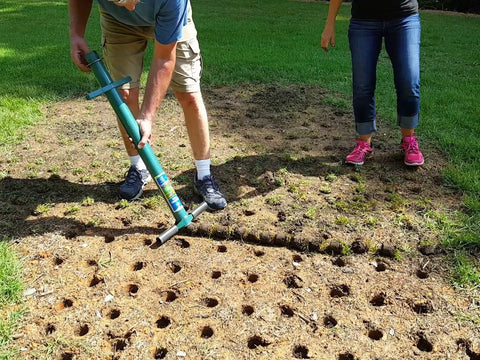 Person using Five In One Lawn And Garden Tool For Easy Planting And Weeding Bulb Planter Sod Plugger Weeder Annual Planter And Soil Tester Dig Two One Eighth Inch Holes Quickly From A Comfortable Standing Position No Bending Over With Soil Storage on lawn with holes