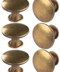 Six Pack Brass Round Antique Brass Cabinet Knobs And Drawer Pulls For Cabinets Cupboard Doors Dressers And Bathrooms Includes Screws Classic Vintage Style Smooth Finish Easy Install, shown in sets of two stacked vertically