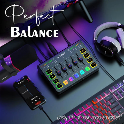 4 Channel Gaming Audio Mixer With RGB Streaming Interface And XLR Microphone Support 48V Phantom Power on desk setup