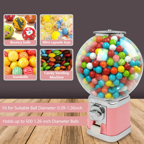 Image of a Pink High Capacity Candy Gumball Vending Machine Built Different With Hella Tough Plastic Shell holding colorful gumballs.