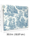Country Life Toile Peel And Stick Wallpaper Roll For Easy DIY Accent Wall Blue And White No Water Needed Quick Peel And Stick Application 20.5 Inches Wide By 16.5 Feet Long 100 Percent Removable No Sticky Residue Renters Friendly showing design and dimensions