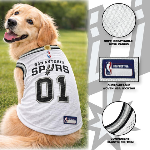 Dog wearing NBA San Antonio Spurs Road Dog Jersey For Dogs And Cats In Team Color, Comfortable Stretchable Material, Small Size