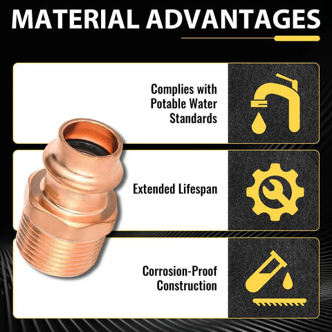 Top Shelf Copper Press Fittings 50 Pack 3/4 Inch Press X 1 Inch Male Npt Adapter showing corrosion-proof construction for HVAC use.