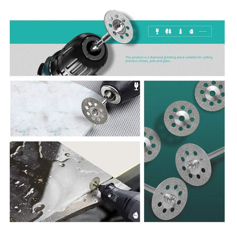 10 Pc Resin Cut Off Discs for Rotary Tool Set with diamond cutting wheels in use on metal and glass surfaces.
