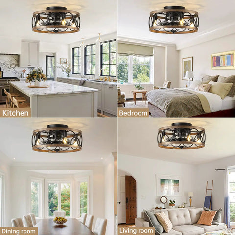 Farmhouse Style Ceiling Fan With Lights Remote Control, Caged Flush Mount 18 Inch Reversible in kitchen, bedroom, dining, living room