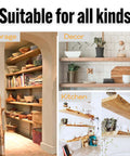 Various shelf uses: storage in pantry, decor on tiled wall, kitchen applications; supports wood and ceramic items.