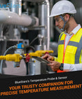 Engineer using temperature probe in industrial setting for precise measurement.