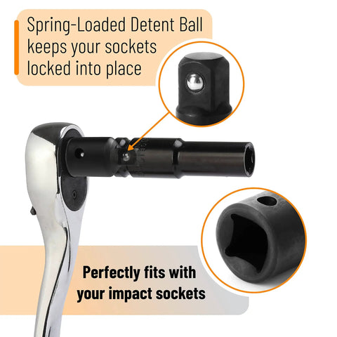 Side view of Impact Socket Adapter And Reducer Set, 4-Piece Drive Size Conversion Kit, showing detent ball on socket.