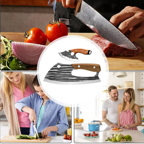 Heavy Duty Kitchen Meat Cleaver Set With Carbon Steel Blade And Leather Sheath Stainless Steel Butcher Knife For Outdoor Camping BBQ And Home Cooking Durable Bone Removal Cleaver on cutting board