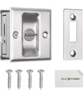 Slick Brushed Nickel Pocket Sliding Door Lock And Privacy Pull Handle With Reversible Latch Hardware Kit showing lock unit, face plate, and screws.