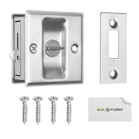 Slick Brushed Nickel Pocket Sliding Door Lock And Privacy Pull Handle With Reversible Latch Hardware Kit showing lock unit, face plate, and screws.