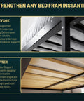 Replacement Wooden Twin Bed Slats For Mattress Support - Fabric Sleeve Locks Down Slat Spacing For Dead Simple Setup - Low Profile Bed Frame Foundation That Holds Tight, showing before and after slat support comparison.