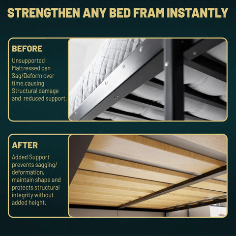 Replacement Wooden Twin Bed Slats For Mattress Support - Fabric Sleeve Locks Down Slat Spacing For Dead Simple Setup - Low Profile Bed Frame Foundation That Holds Tight, showing before and after slat support comparison.