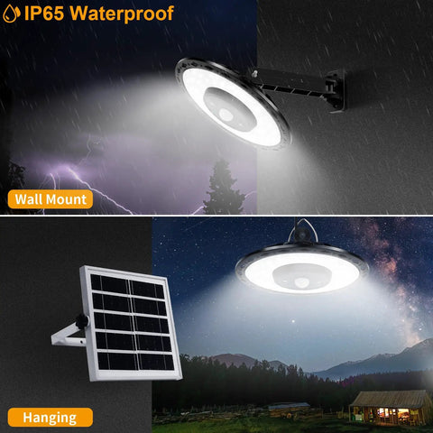 Heavy Hitter Solar Powered Shed Lights With Switch And Motion Sensor 3000 Lumen indoor outdoor pendant lamp, wall mounted with solar panel.