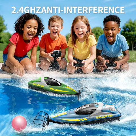 Children playing with Twin Pack Remote Control Boats For Kids And Adults With Dual Speed Modes, Waterproof Twin-Screw Hulls, in a pool