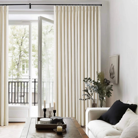 Cozy Pleated Cream Beige Linen Blackout Curtains For Bedroom 90 Inch Length 2 Panels Pinch Pleat Back Tab in living room