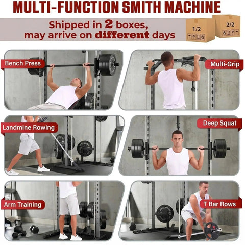 All In One Adjustable Smith Machine With Lat Pulldown System Multi Function Power Cage For Home Gym Cable Crossover Squat Rack Training Equipment With Attachments in use