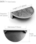 Ginkgo Leaf Cabinet Pulls With Antique Gray Finish 3 Inch Hole Spacing Rustic Kitchen Drawer Handles and Cup Hardware Four Pack side view with measurements