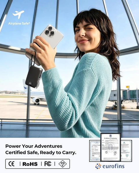 Hella Slick Compact Portable Charger 10000mAh Power Bank With Built In Usb C And Usb A Cables Plus AC Plug For Grab And Go Travel Everyday Carry Setup Gear held by smiling woman in sweater.