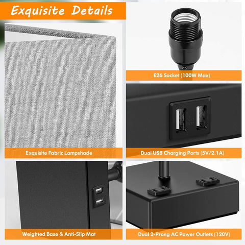 Close-up details of 3 Way Dimmable Table Lamps With Touch Control and 2 USB Ports, fabric shade, outlets, and charging ports.