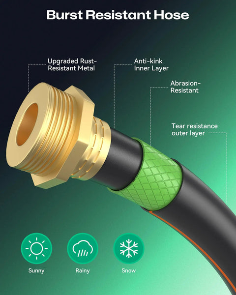 Close-up of brass fittings on No Fuss Retractable Garden Hose Reel With Five Eighth Inch Hose 100 Feet 3 Ply Reinforced