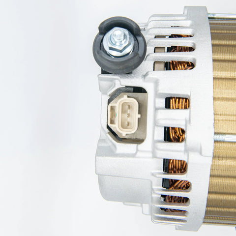 Close-up of alternator for CX-9 2007-2015 and 6 2009-2013 3.7L V6 cars, 110 amp 12V, showing connector and housing detail.