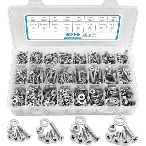 All In One 720 Piece 304 Stainless Steel Machine Screws And Nuts Kit For DIY projects in labeled organizer case