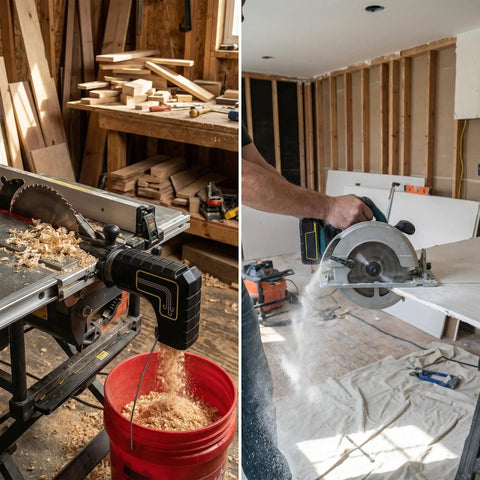Left: Table Saw Dust Collection Adapter With Snap On Dust Port Hook And No Fuss Tool Free Installation For Quick Connect Vacuum Hose Connector Woodworking And Efficient Sawdust Pickup For Shop Vac attached to a table saw; Right: Circular saw in use with dust being collected.