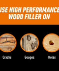 All Purpose Wood Filler Repair Kit With Putty Knife And Sanding Block For DIY Home Projects Easy Spread, Stainable, Paintable And Sandable Wood Repair For Cracks Gouges And Holes showing cracks, gouges, and holes on wood surface.