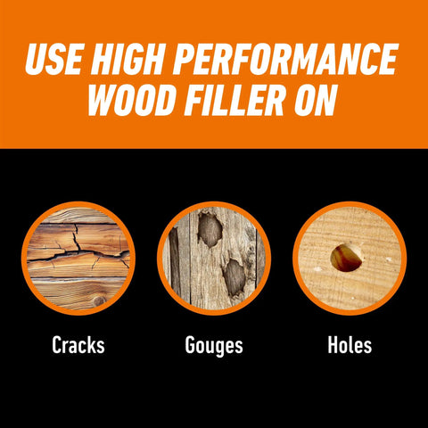 All Purpose Wood Filler Repair Kit With Putty Knife And Sanding Block For DIY Home Projects Easy Spread, Stainable, Paintable And Sandable Wood Repair For Cracks Gouges And Holes showing cracks, gouges, and holes on wood surface.