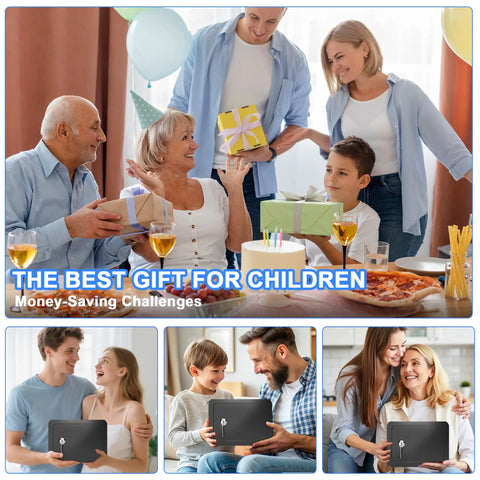 Family sitting at table exchanging gifts, featuring a Compact Money Safe With Key Lock And Coin Slot Hidden Stash Box.